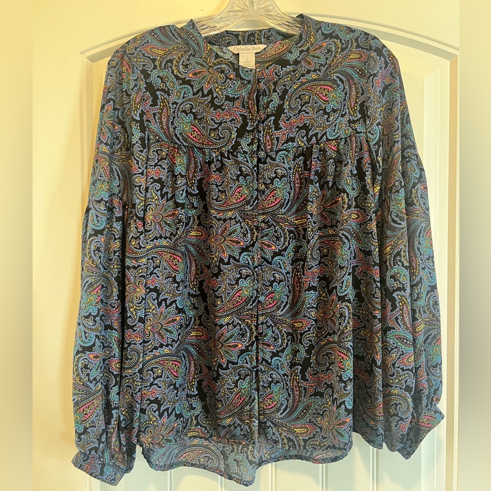 Ophelia Roe Women's Floral V Neck Blouse Top Sheer Button Up Size S